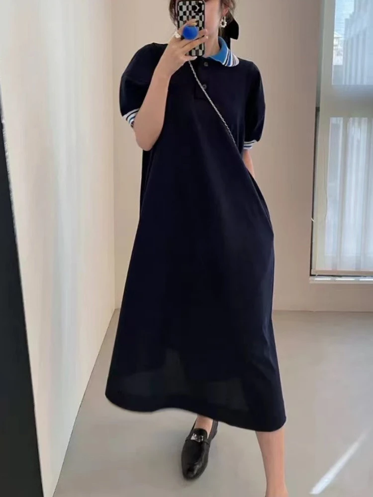 Women Dress 2022 New Puff Sleeve Contrast Lapel Dress