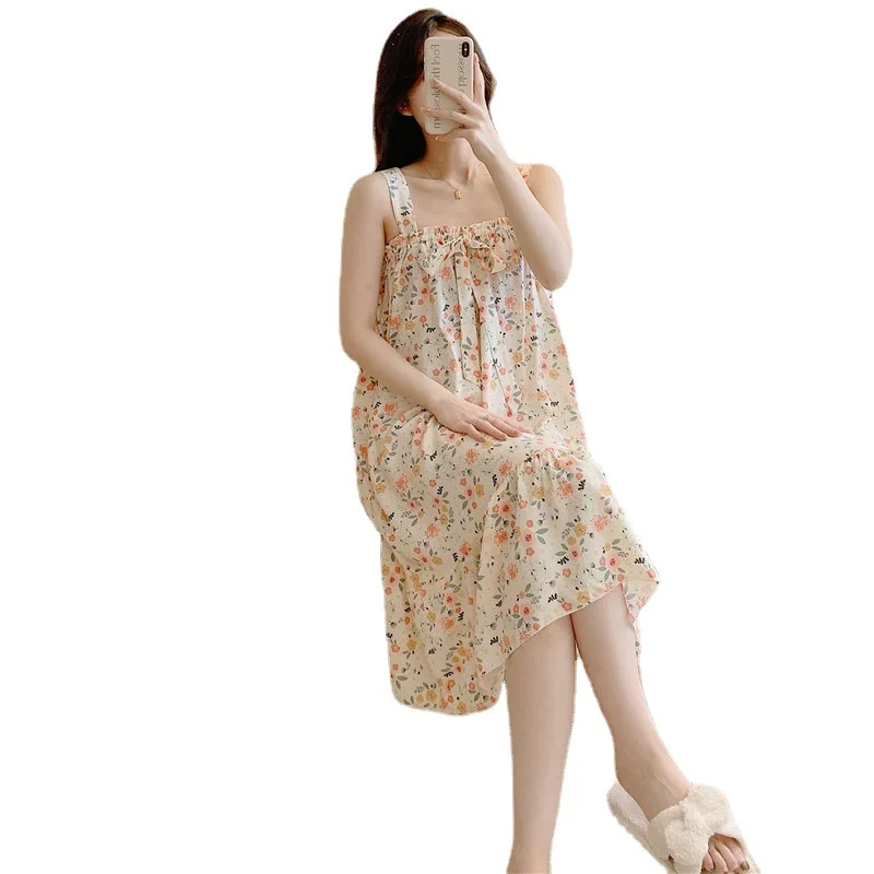 New Sling Cotton Silk Pajamas Women's Summer Thin Section Sweet and Lovely Fresh Ladies Printed Home Service