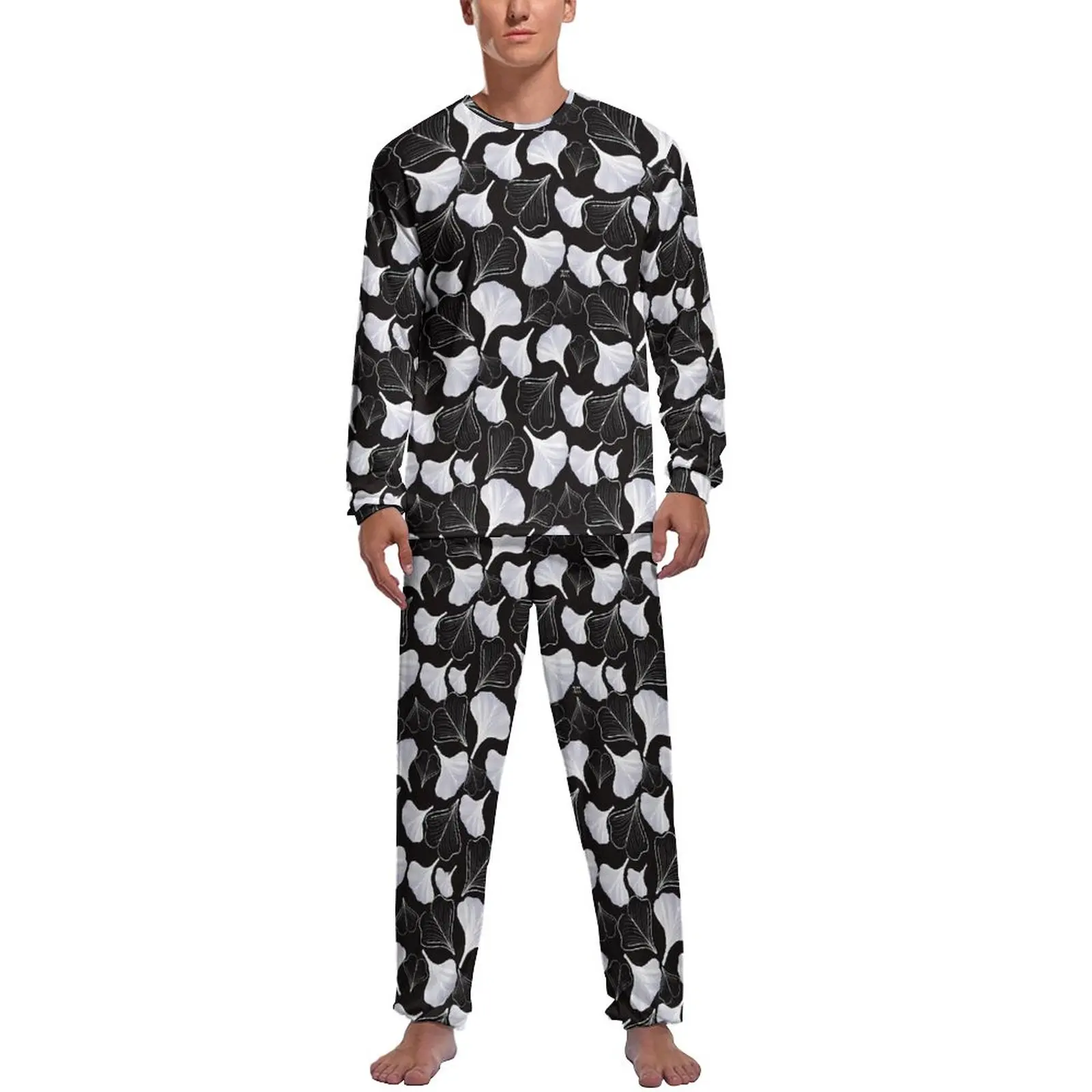 

Ginko Biloba Print Pajamas Male Black And White Cool Nightwear Winter Long-Sleeve 2 Pieces Aesthetic Graphic Pajama Sets