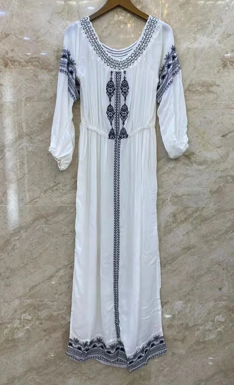 

Женское пляжное платье с вырезом лодочкой, повседневное длинное белое платье в богемном стиле с цветной вышивкой, эластичным поясом, лето 2023