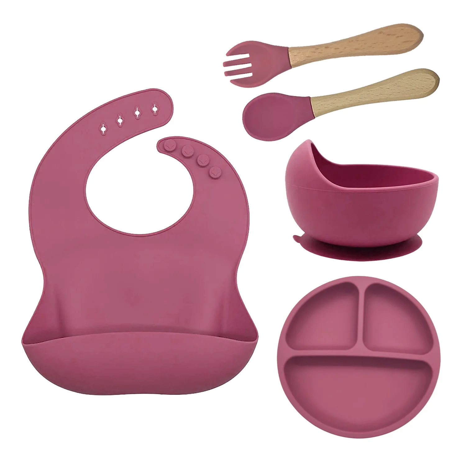 

5PCS/Set Baby Silicone Sucker Bowl Plate Cup Bibs Spoon Fork Sets Children Non-slip Tableware Baby Feeding Dishes BPA Free
