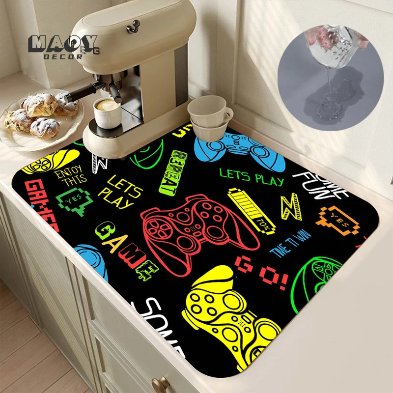 

Game Illustration Drain Pad Absorbent Tableware Mat Personality Printed Kitchen Dish Drying Bottle Sink Countertop Drainer Rug