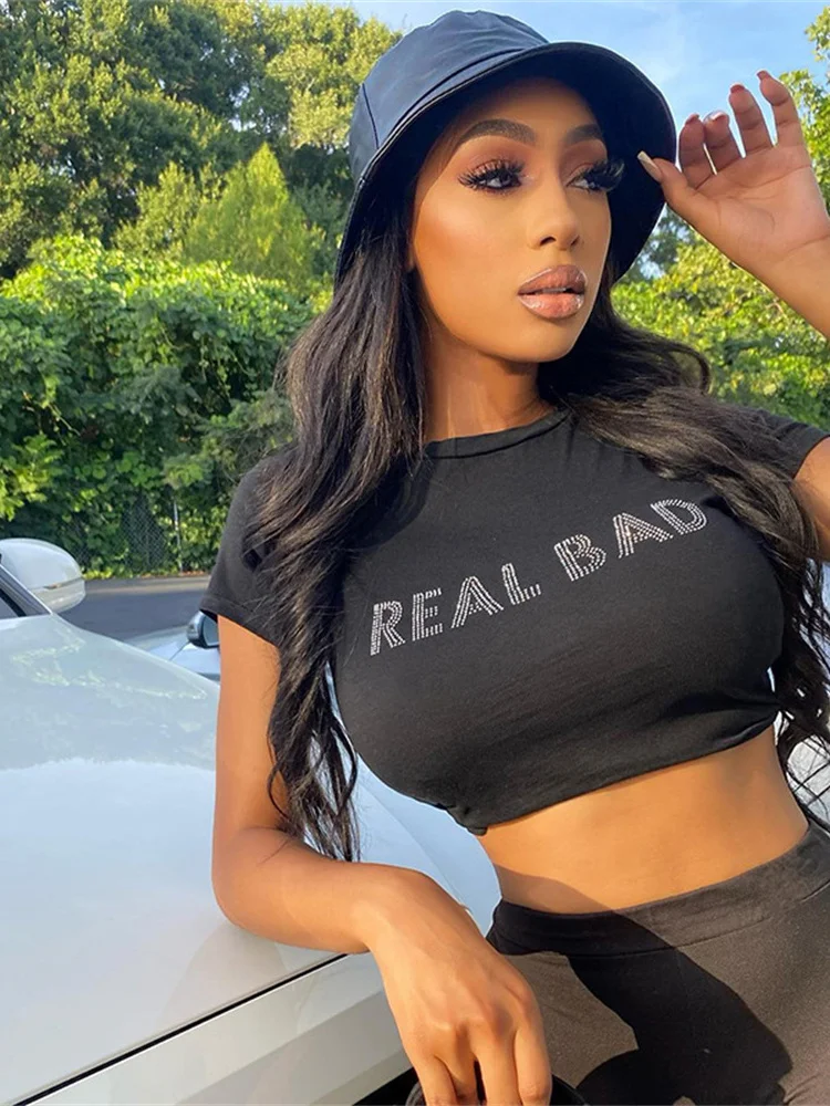 

2023 New Harajuku Vintage Rhinestone Letter Graphic T-shirts Women Baby Tee Y2k Streetwear Short Sleeve Crop Tops Baddie Outfits