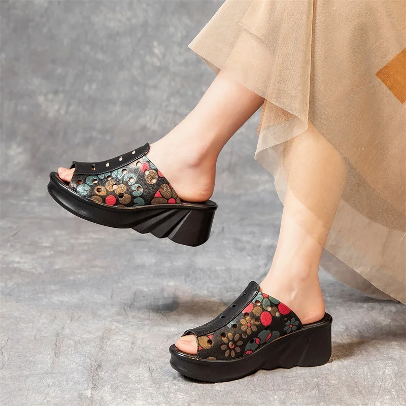 Women's Sandals Slippers Women's Clothing 2023 New Vintage National Style Genuine Leather Fishmouth Slippers Women's Clothing