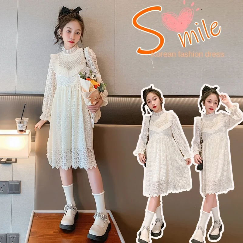 

Girls' dress Spring and Autumn 2023 new foreign princess dress children's lace fashionable long-sleeved dress