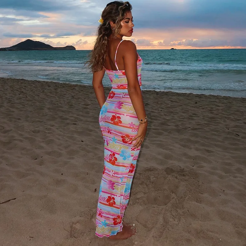 

Ladies Outfit For Women Dress Clothing Long Beach Dresses Tunic Slim Sexy New Fashion 2023 Frocks Summer Printed Deep U Brought