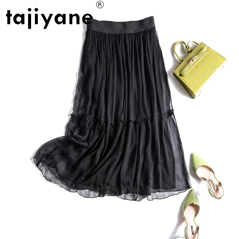 Tajiyane Mulberry Silk Skirt Women Summer High-end Elegant Smooth Silk Solid  Holiday High Waist Mid-length Black Skirt FCY120