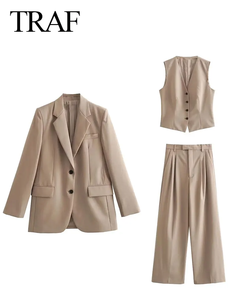 

Модный женский комплект из 3 предметов TRAF 2023, однотонные свободные блейзеры с длинным рукавом, Официальные Женские универсальные брюки с широкими штанинами