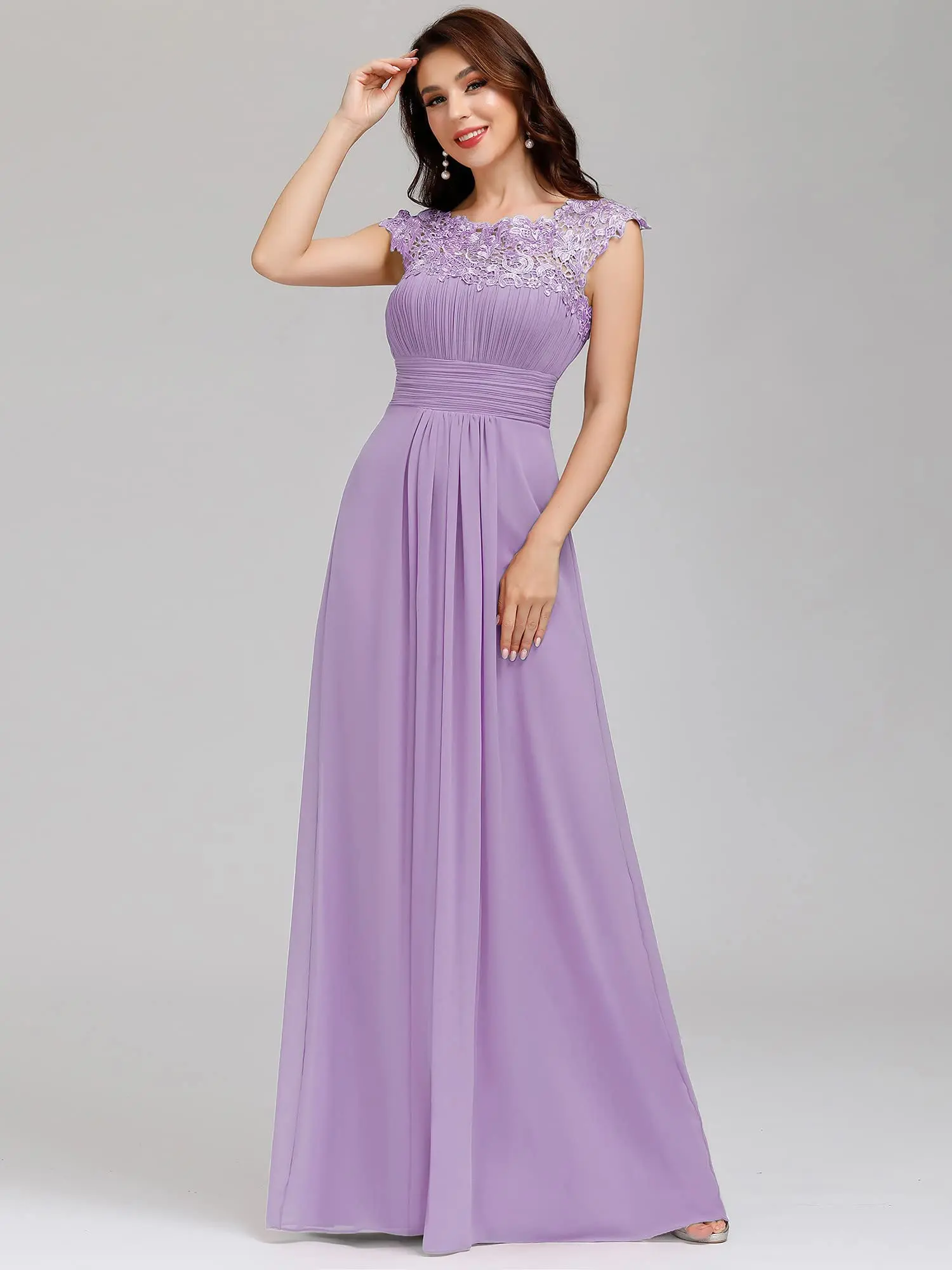 

Elegant round neck applique evening dress lace chiffon formal party dress A-line prom dress bridesmaid dress customization