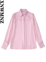 xnwmnz summer woman pink fashion contrast textured shirt women vintage long sleeves lapel shirts lady casual elegant blouse top