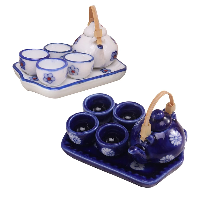 

1:12 Miniature Japanese Style Tea Cup Set/6Pcs Ceramic Tableware Teapot Kitchen Dollhouse Accessories