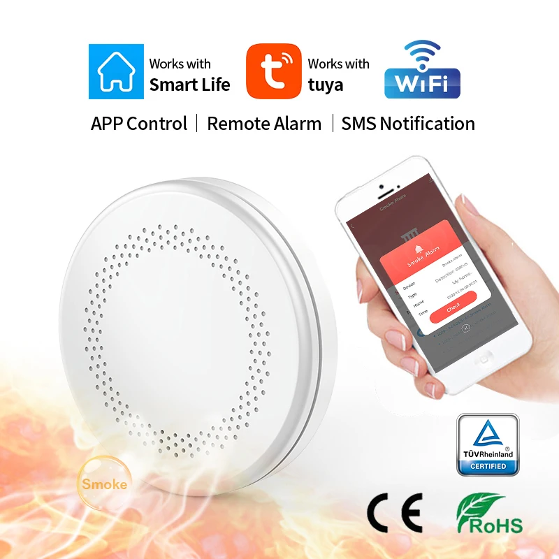 

Ultra Thin WiFi Function Tuya Smart Life Family Kitchen Room Shop Smoke Detector Fire PIR Sound Alarm Sensor CE EN14604 Approval