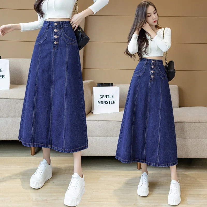 

Женская джинсовая юбка с завышенной талией, длинная хлопковая юбка-трапеция средней длины в стиле ретро, SYXBSQ227, весна-осень 2022