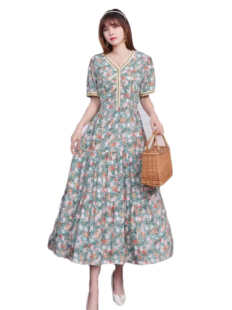 

2023 Summer Floral Dress Women V Neck Slim Cotton Silk Short Sleeve Big Hem Long Dress Feminina