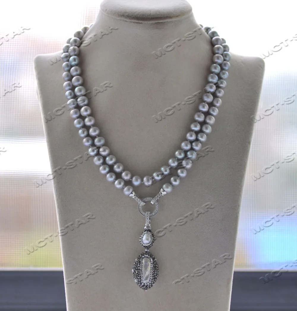 

MCT·STAR Z12211 35'' 9mm Gray Round Freshwater Pearl Necklace CZ Pearl Pendant