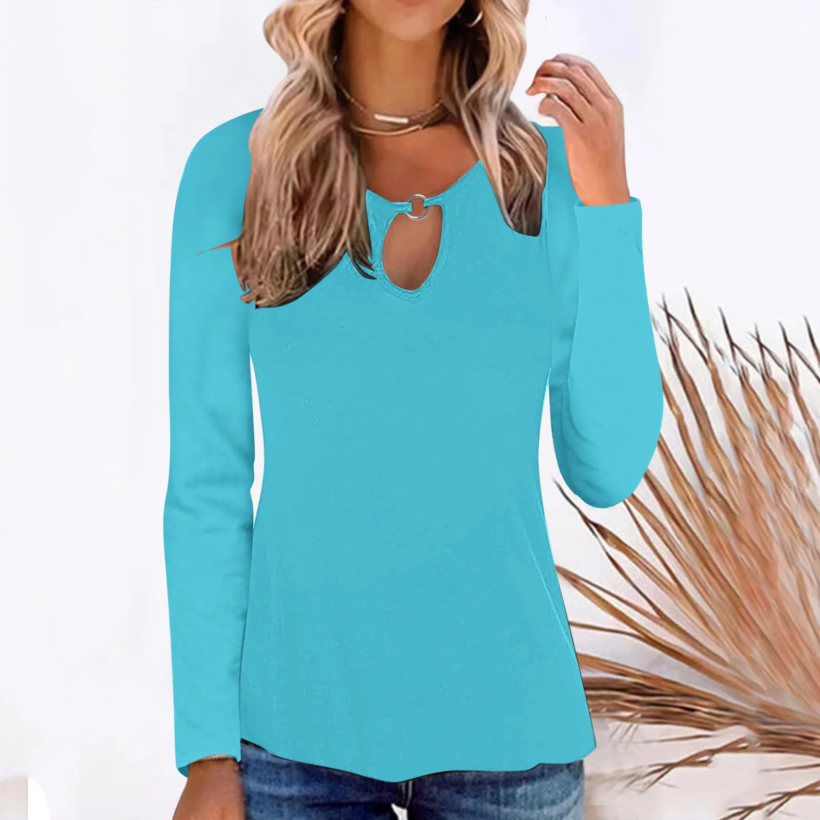 

Women Casual Solid Color Hollow Out T Shirts Crew Neck Long Sleeve Blouses Tops Toddler Girl Women Shirts