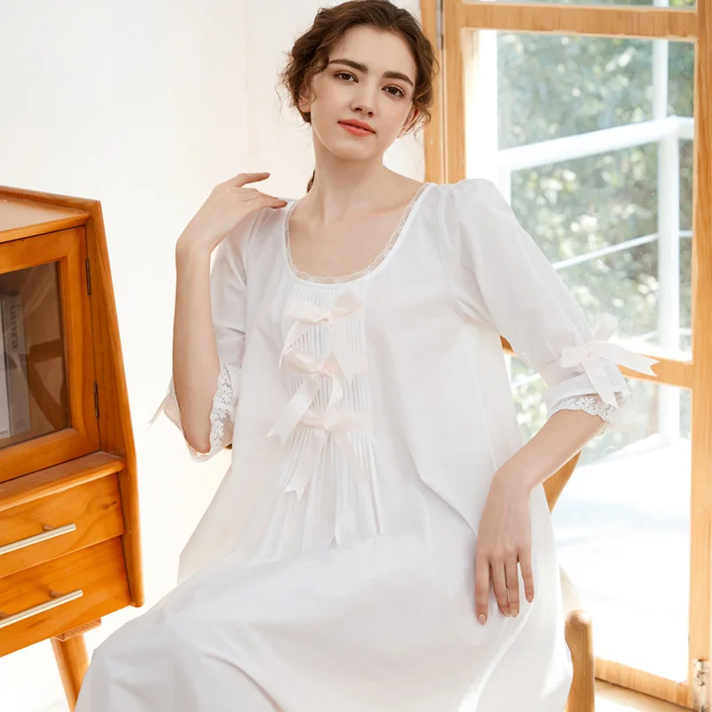 Spring Womens Nightdress Cotton Bow 3/4 Sleeve Sleepshirt Lace Thin Nightgown Loose Comfy Casual Breathable Sleepdress Plus Size