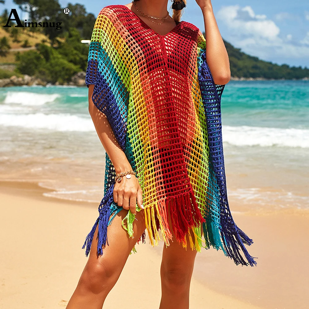 Women Fashion Rainbow Print Cover-ups Female Blouse Sexy Hollow Out Shirts Clothing 2022 Summer New Casual Beach Kimono Swimwear