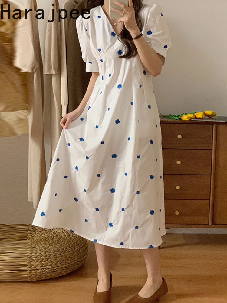 

Женское платье с цветочной вышивкой Harajpee, элегантное приталенное платье с V-образным вырезом и коротким рукавом-фонариком, в Корейском стил...