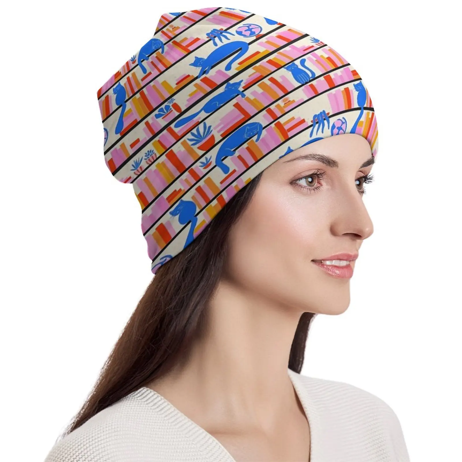 

Library Cats Beanie Hats Blue Cats Retro Caps Adult Unisex Gym Knit Hat Autumn Winter Custom Head Wrap Beanie Hats