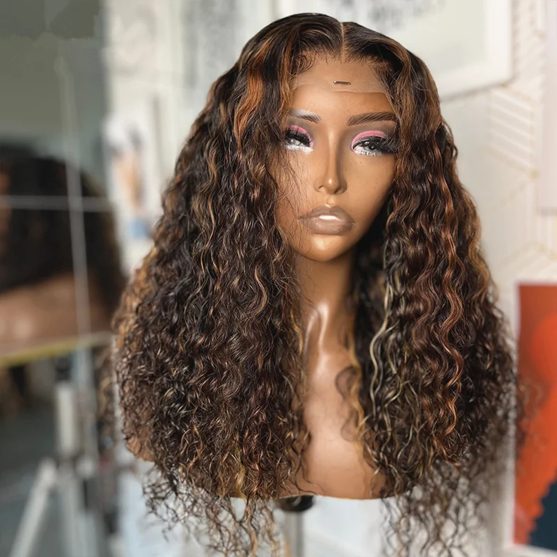 

Парик с мягкими предварительно выщипанными волосами длиной 26 дюймов, плотностью 180%, без клея, с эффектом омбре, с коричневыми вьющимися круж...