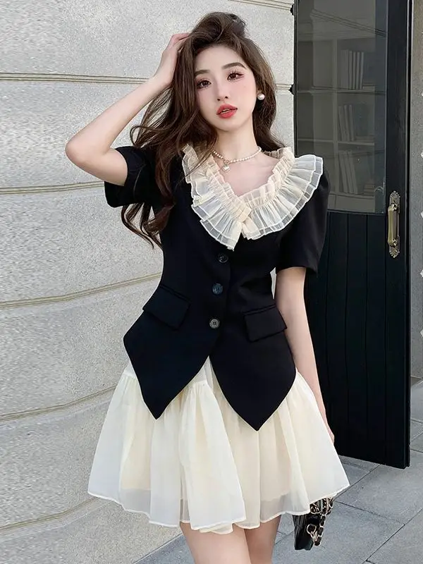 

Женский костюм-двойка с оборками, маленький топ с V-образным вырезом и сетчатая юбка с высокой талией в французском стиле, милый летний костюм