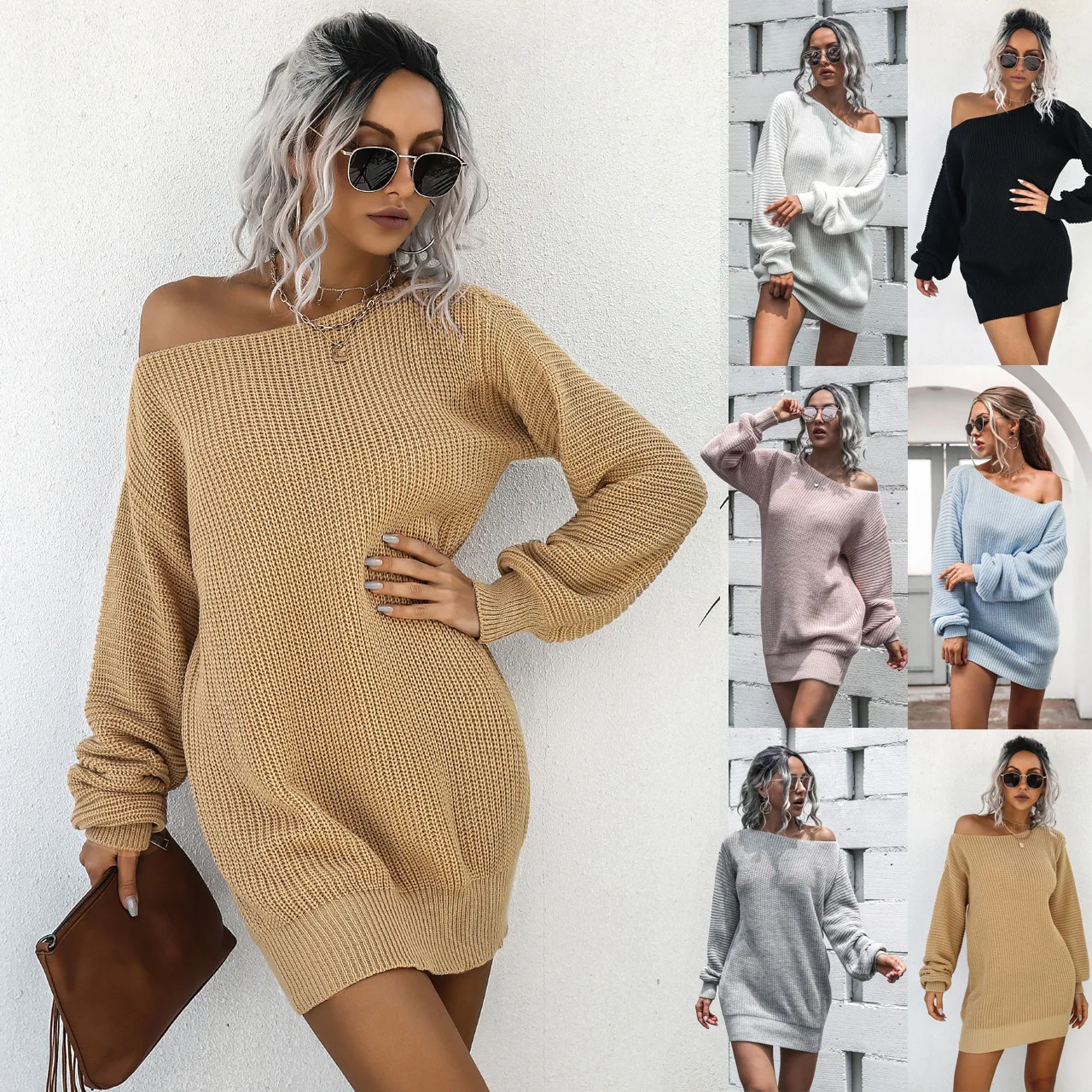 

Our Popular Women's Autumn and Winter Dress, European and American Casual Off Shoulder Lantern Sleeve Knitted Wool Dress