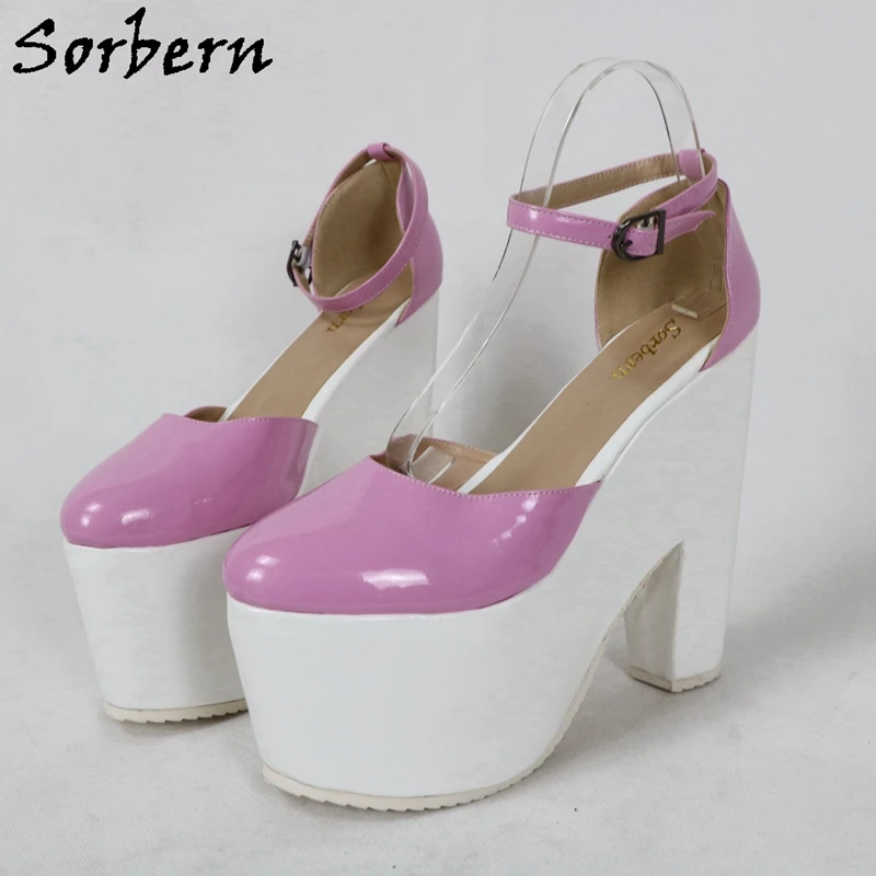 

Sorbern White Patent Women Pumps Pink Round Toe Block High Heel Thick Platform Thin Ankle Strap Chunky Heeled Custom Color