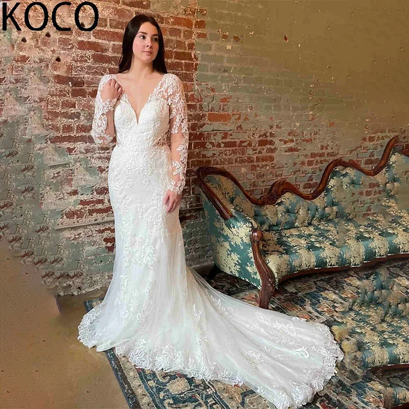 

MACDOUGAL Plunging V-Neck Lace Bridal Dress with Illusion Sleeves Wedding Dress 2023vestidos de novia Custom Made For Women 2023