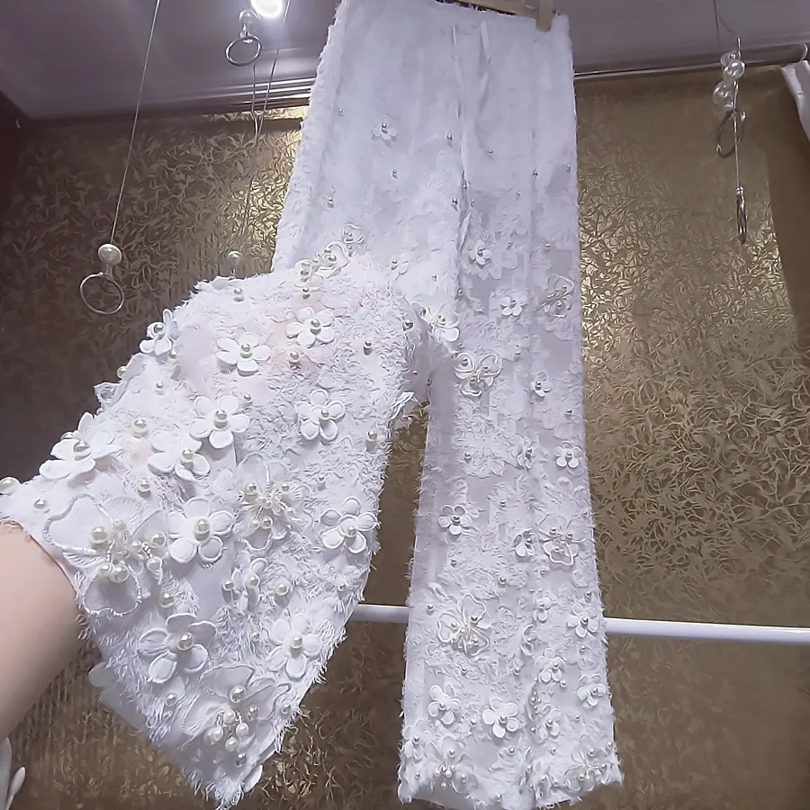 Fairy 3D Flowers Embroidery Petals Beading Wide Legs Pants Lace Up Mesh Spliced Long Pants Thin Pearls Beaded Pleated Trousers