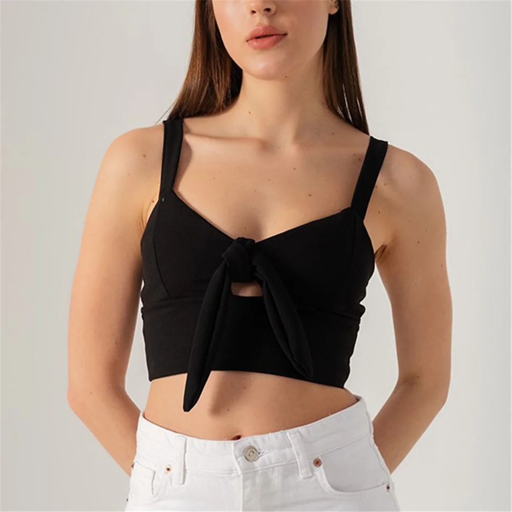 

2022 Women Casual Tie-Up Bodycon Tank Sleeveless Backless Solid Color V-Neck Slim Fit Crop Tops With Bow Summer Female Clothes