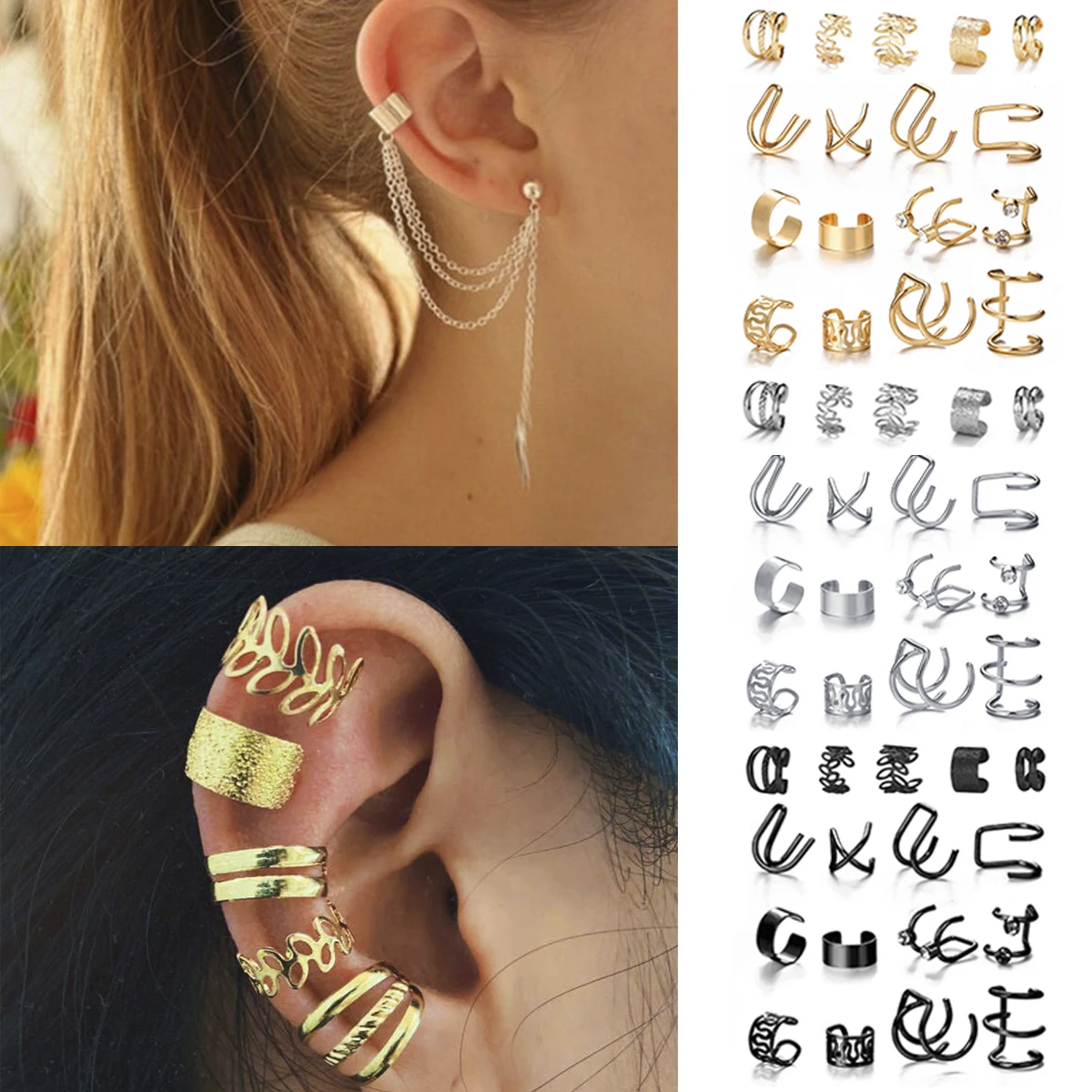 

Gold silver Leaves Clip Earrings For Women Cuff Black Non-piercing Ear Cartilage Eun Ho Jewelry Wholesale