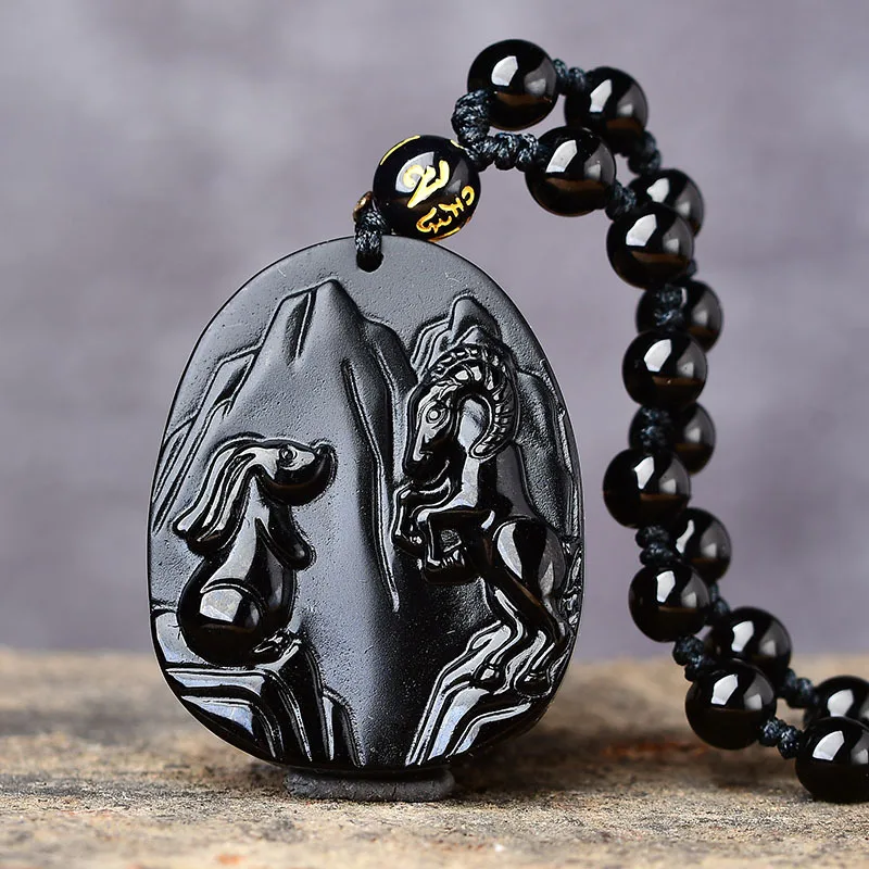 

Natural Black Obsidian Hand Carved Rabbit and Sheep Pendant Fashion Jewelry Men's and Women's Twelve Zodiac Two In One Necklace