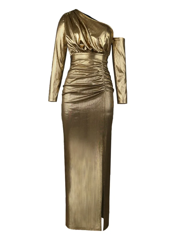 Luxurious celebrity style one shoulder slant neck dress fashionable party dress plus size women clothing