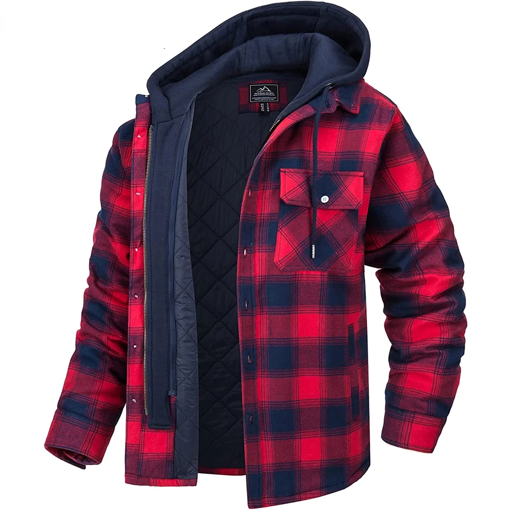 TACVASEN Men's Flannel Shirt Jacket with Removable Hood Plaid Quilted Lined Winter Coats Thick Hoodie Outwear Man Fleece Shirts