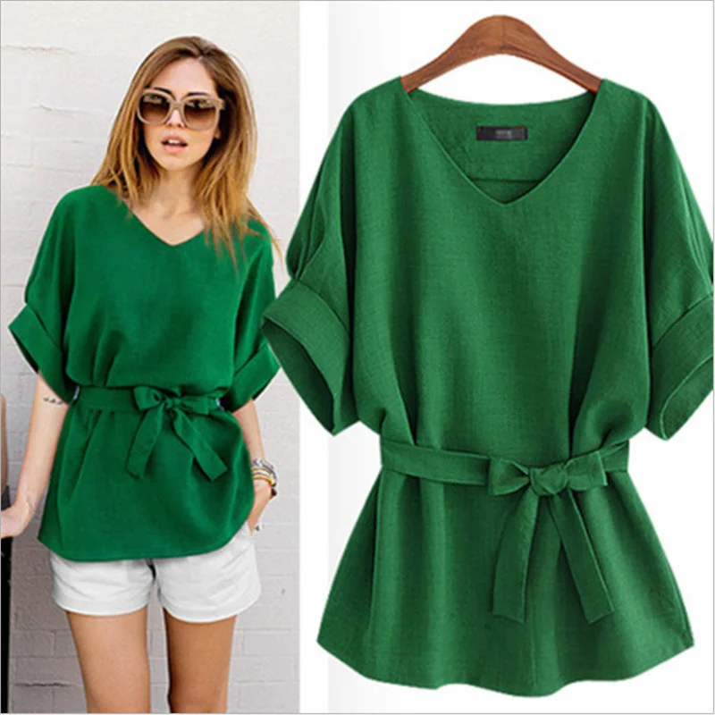 

Plus Size Casual Blouses Summer Lady O-Neck Bat Short Sleeve office Shirts Elegant Sid Loose Female Bow Bandage Women Top