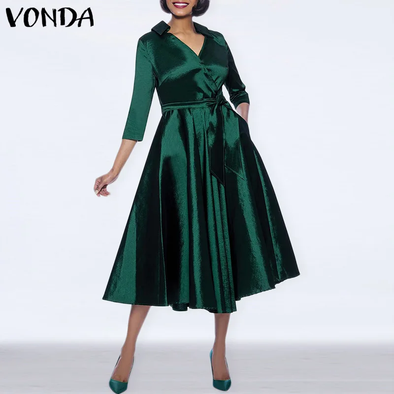 

Maxi Dress VONDA 2022 Women Half Sleeve V Neck Satin Dresses Elegant High Waist Solid Color A-Lined Vestidos Femininas Robes