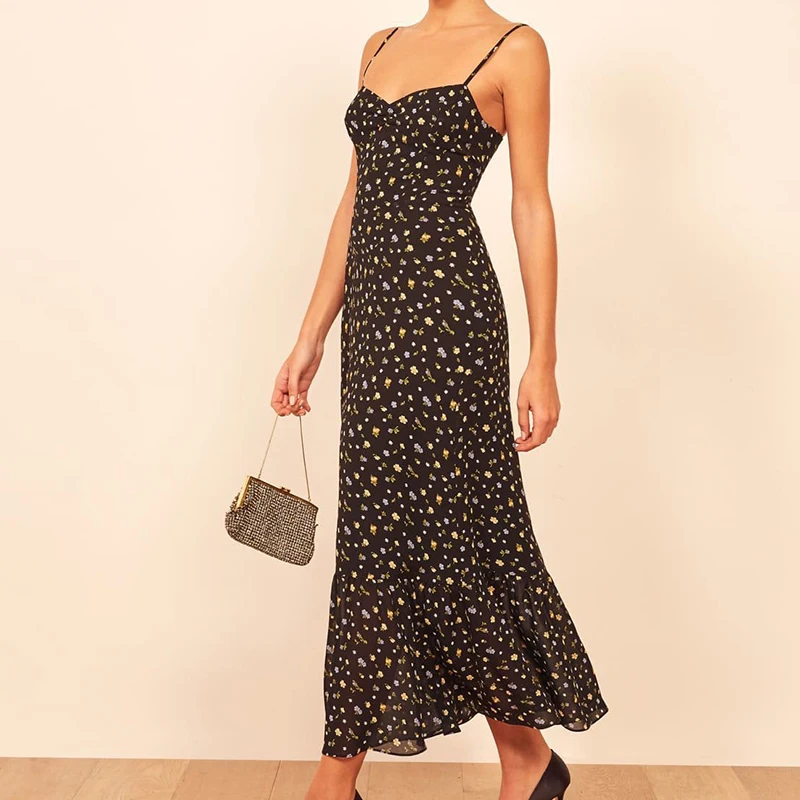 

Summer V Neck Chiffon Dresses New Fashion Elegant Black Retro Printed Sling Skirt Slimming Flounce Long Dress Daily Casual Wear