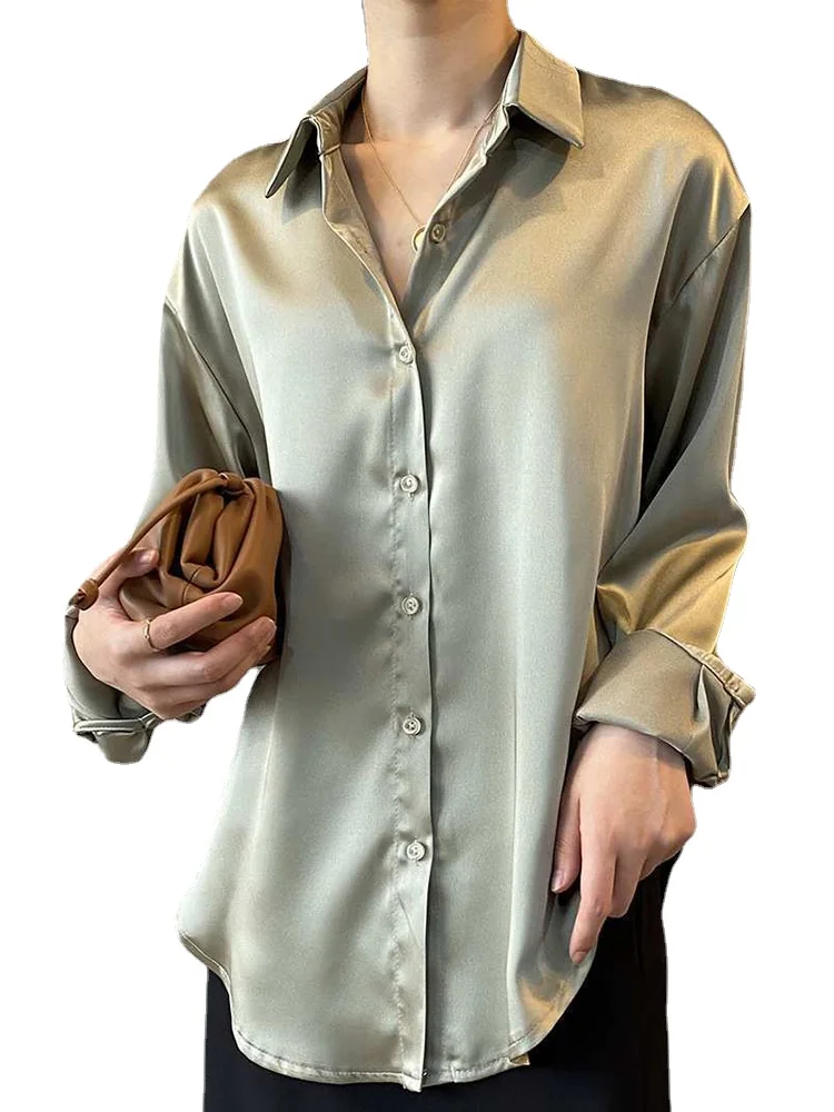 

Hong Kong Style Satin Drape Shirt Female Korean Version of Loose French Solid Color Fashion Blouses Womens Tops