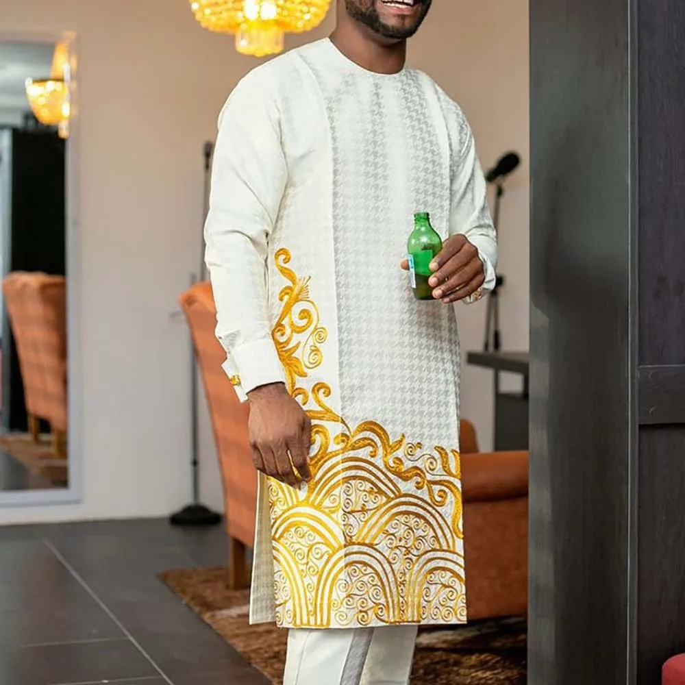 

Fashion Men Long Shirt Solid Color Printing Patchwork Long Sleeve Pullover Mid-eastern Muslin Style African Spring Shirt For Men