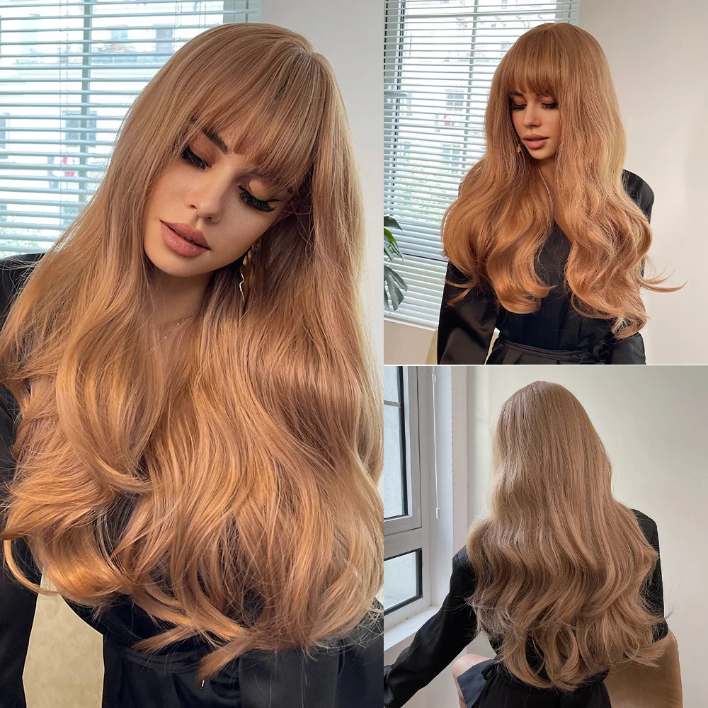 

BLONDE UNICORN Long Wavy Strawberry Blonde Wig with Bangs for Women Natural Synthetic Hair Heat Resistant Wigs for Daily Party
