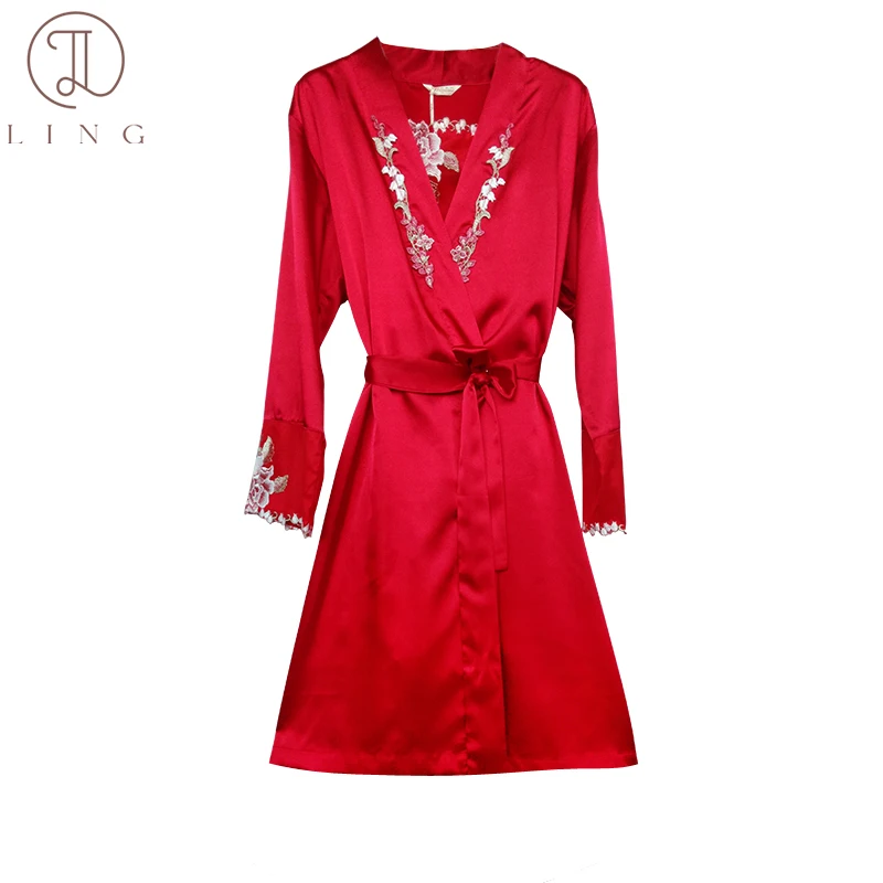 Пикантная шелковая одежда для сна Ling с вышивкой халат 2 шт. женское