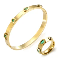 oval square emerald cubic zirconia bangle stainless steel jewelry set wholesale jewelry ring open cuff bangle