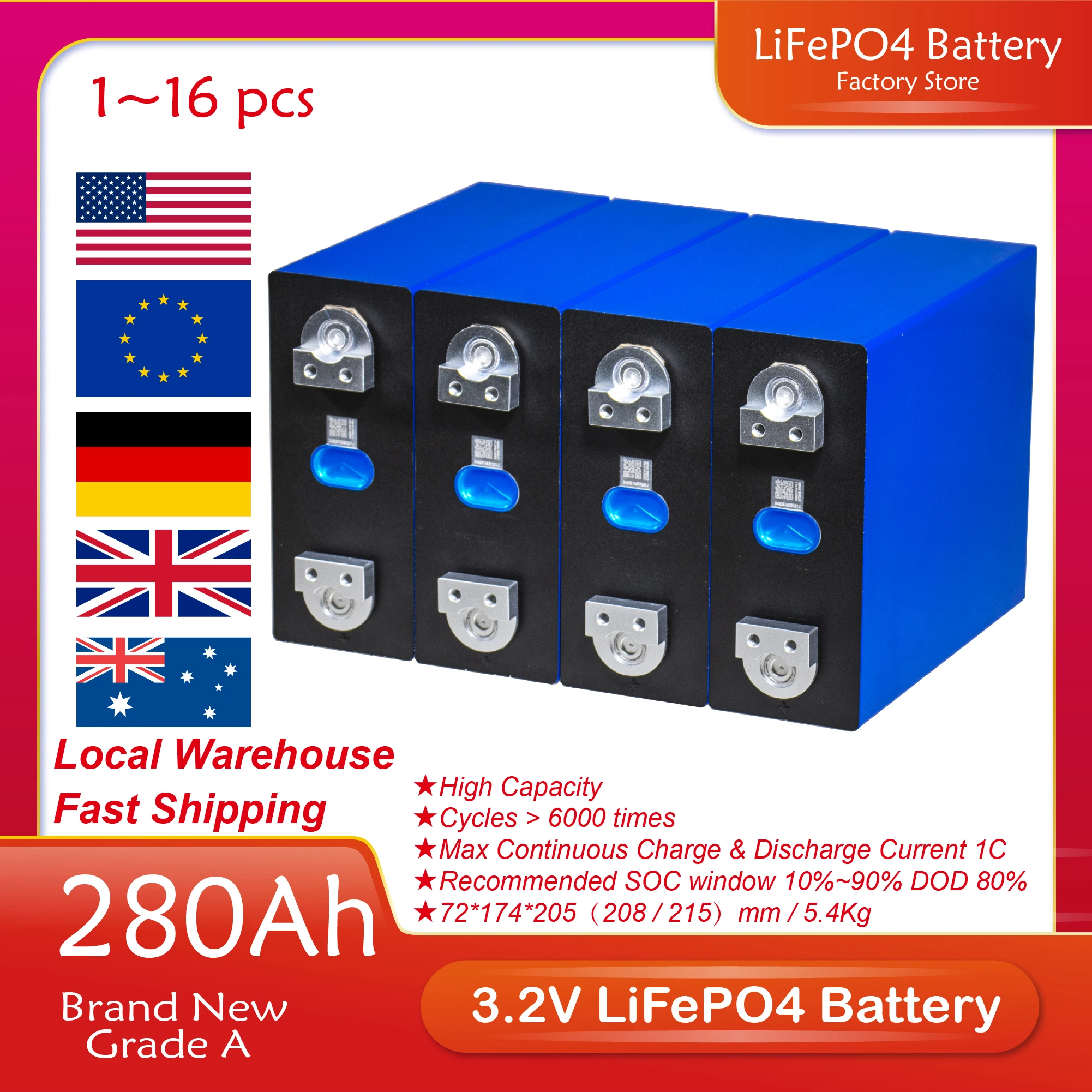 

Аккумуляторные элементы LFP 3,2 в а/ч 4/8/16 шт., батарейный блок класса А LF280K с шиной DIY 12 в 24 в 48 в для гольф-мобиля, в наличии в ЕС