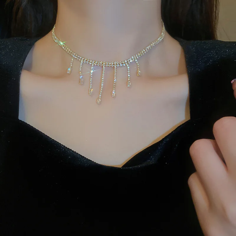 

New Shiny Inlaid Zircon Tassel Chain Necklace Exaggerated Personality Fashion Collarbone Chain Necklace Women's Wedding Jewelry