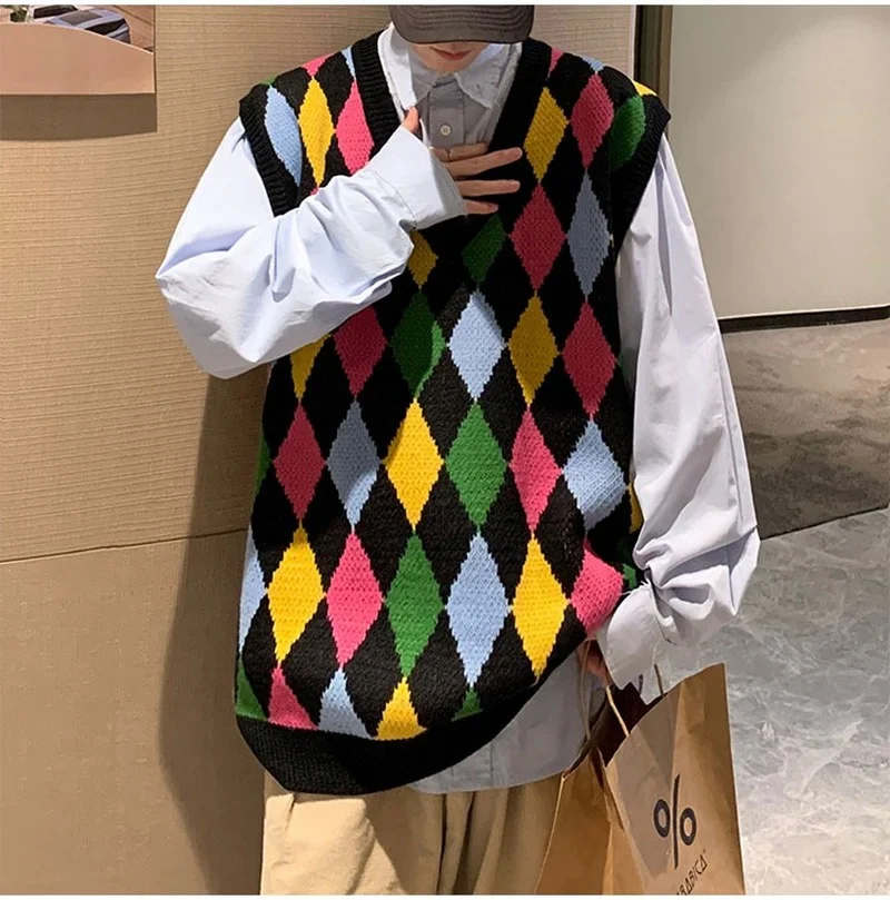 

Fashion Colorful Argyle Sweater Vests Men Couples Panelled Causal Sleeveless Knitwear Harajuku Loose Hip Hop Japan Style V-neck