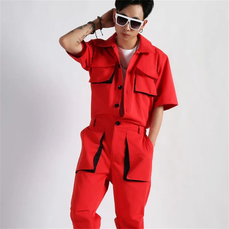 Overalls trendy men's jackets singer stage dance hip-hop group clothes tops multiple pockets red