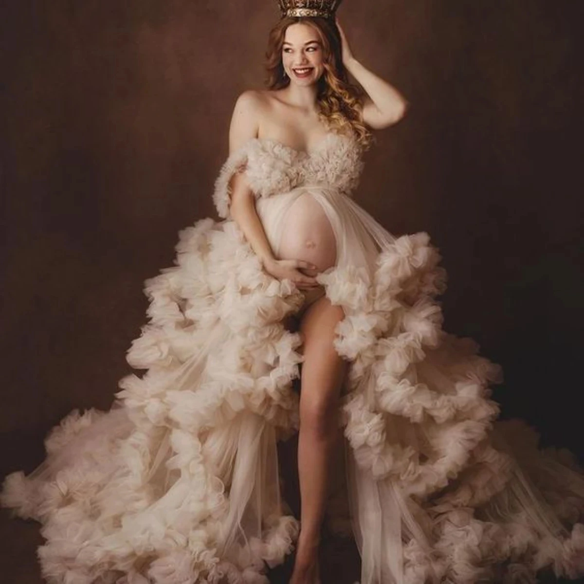 

14499#Nice Fluffy Tulle Maternity Dress Women Robe for Photo Shoot Off Shoulder Ruffled Bridal Photography Maternity Gown Custom