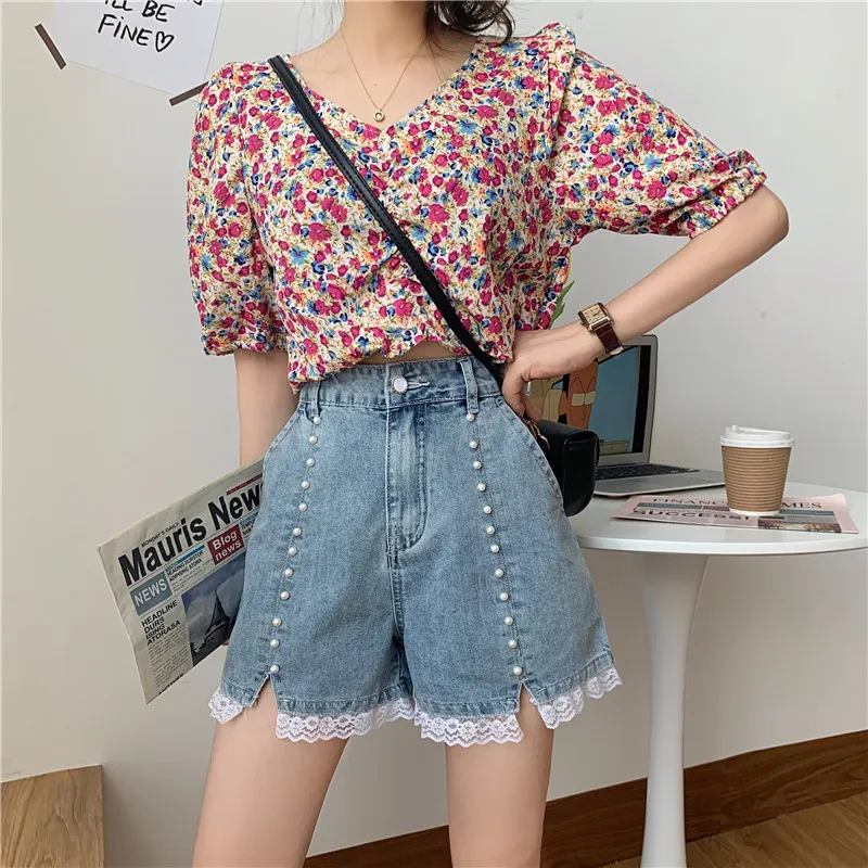 Sweet Y2k Pearl Lace Denim Shorts 2023 Korean Women Summer Sexy High Waist Straight Jeans Shorts Casual Loose Wide Legs Shorts