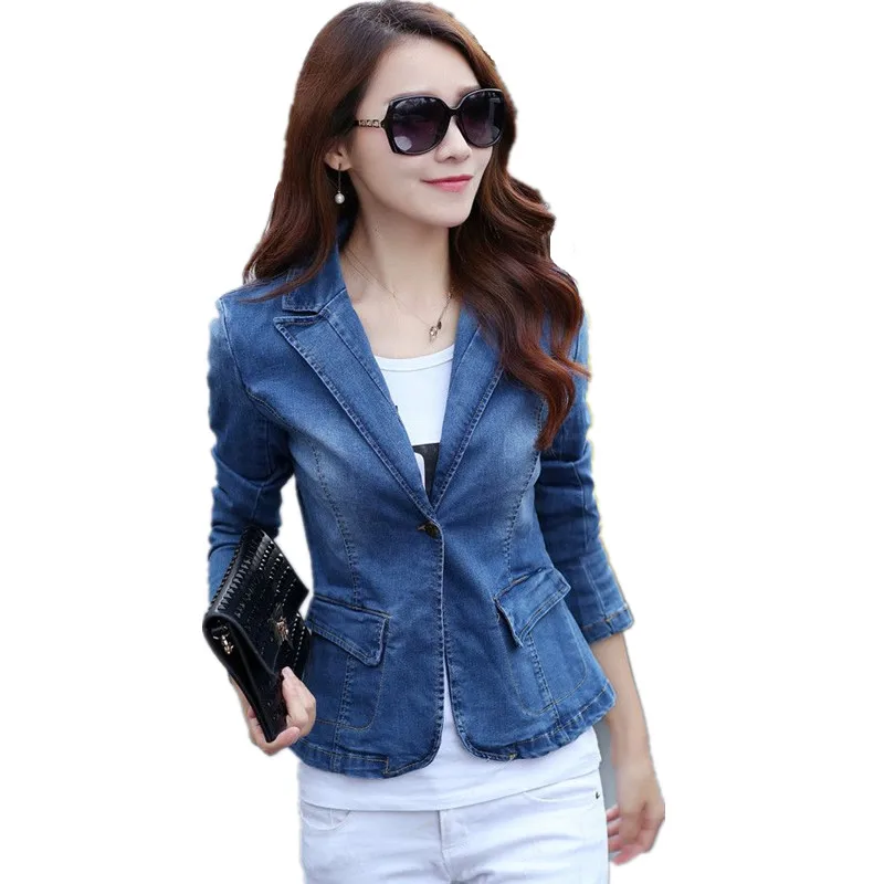 

Autumn Short Style Blue Denim Blazer Femme Plus Size Long-sleeved One Button Vintage Jeans Jacket Women Slim Coat